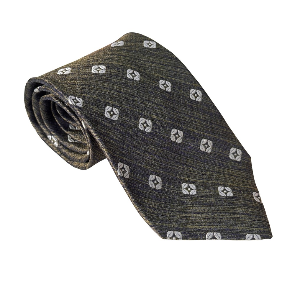 Christian Dior Monsieur Silk Tie Olive Green Gold Geometric Medallion‎ Vintage